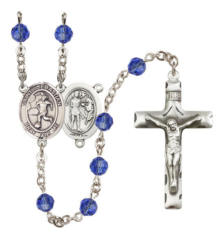 Sterling Silver 6mm Austrian Crystal Saint Sebastian/Soccer-Women Rosary in Sapphire