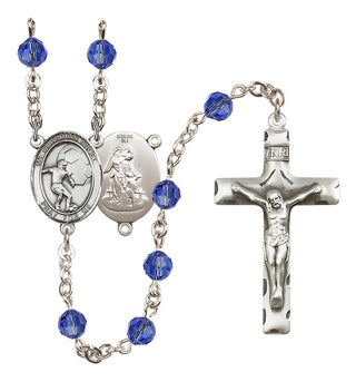 Sterling Silver 6mm Austrian Crystal Guardian Angel/Soccer Rosary in Sapphire