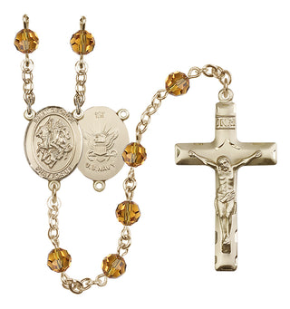 14 Karat Gold-Filled 6mm Austrian Crystal Saint George / Navy Rosary in Topaz