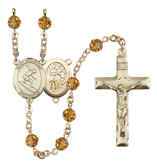 14 Karat Gold-Filled 6mm Austrian Crystal Saint Sebastian/Surfing Rosary in Topaz