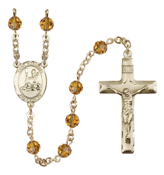 14 Karat Gold-Filled 6mm Austrian Crystal Saint Honorius of Amiens Rosary in Topaz