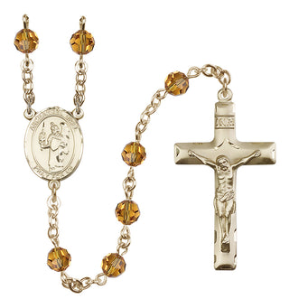 14 Karat Gold-Filled 6mm Austrian Crystal Saint Uriel the Archangel Rosary in Topaz