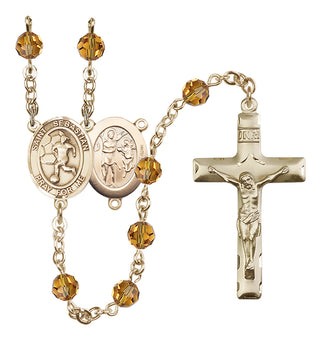 14 Karat Gold-Filled 6mm Austrian Crystal Saint Sebastian/Soccer-Women Rosary in Topaz