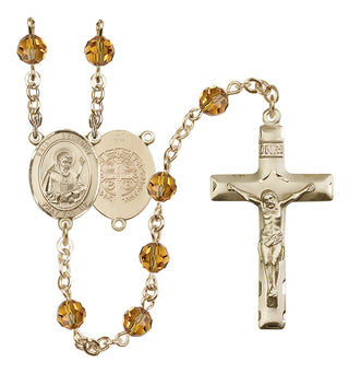 14 Karat Gold 6mm Austrian Crystal Saint Benedict Rosary in Topaz