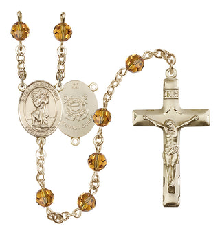14 Karat Gold 6mm Austrian Crystal Saint Christopher / Coast Guard Rosary in Topaz