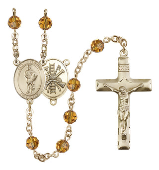 14 Karat Gold 6mm Austrian Crystal Saint Florian/Firefighter Rosary in Topaz