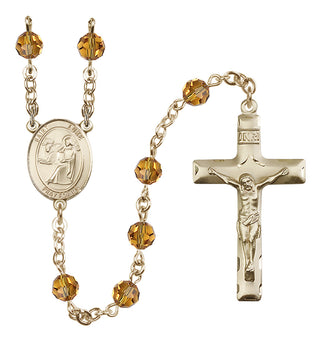 14 Karat Gold 6mm Austrian Crystal Saint Luke the Apostle Rosary in Topaz