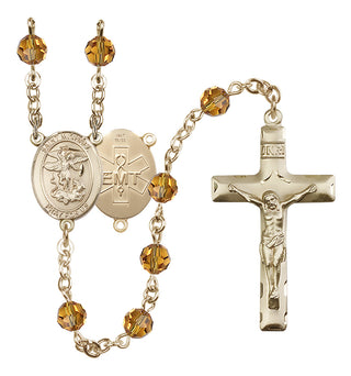 14 Karat Gold 6mm Austrian Crystal Saint Michael / EMT Rosary in Topaz