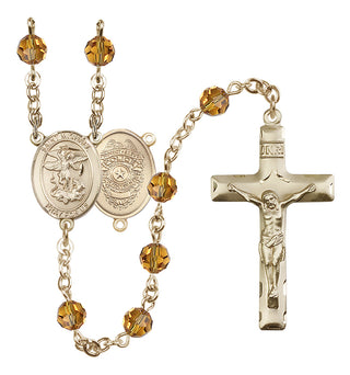 14 Karat Gold 6mm Austrian Crystal Saint Michael the Archangel/Policeman Rosary in Topaz