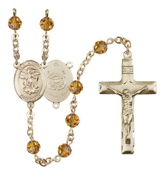 14 Karat Gold 6mm Austrian Crystal Saint Michael / Coast Guard Rosary in Topaz