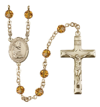 14 Karat Gold 6mm Austrian Crystal Saint Pio of Pietrelcina Rosary in Topaz
