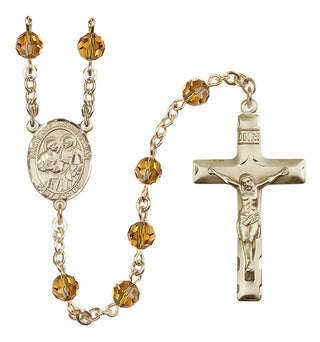 14 Karat Gold 6mm Austrian Crystal Saints Cosmas & Damian Rosary in Topaz