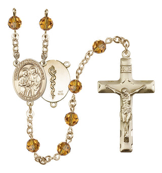 14 Karat Gold 6mm Austrian Crystal Saints Cosmas & Damian / Doctors Rosary in Topaz