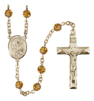 14 Karat Gold 6mm Austrian Crystal Saint Jerome Rosary in Topaz
