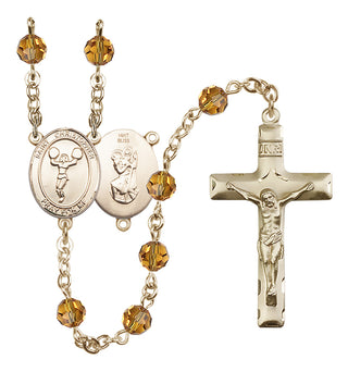 14 Karat Gold 6mm Austrian Crystal Saint Christopher/Cheerleading Rosary in Topaz