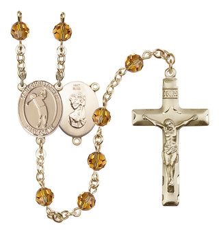 14 Karat Gold 6mm Austrian Crystal Saint Christopher/Golf Rosary in Topaz