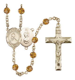 14 Karat Gold 6mm Austrian Crystal Saint Christopher/Ice Hockey Rosary in Topaz
