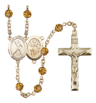14 Karat Gold 6mm Austrian Crystal Saint Sebastian/Football Rosary in Topaz