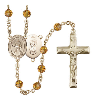 14 Karat Gold 6mm Austrian Crystal Saint Christopher / Field Hockey Rosary in Topaz