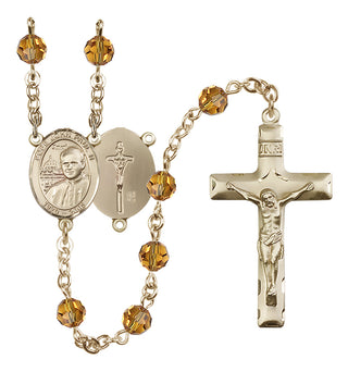 14 Karat Gold 6mm Austrian Crystal Saint John Paul II Rosary in Topaz