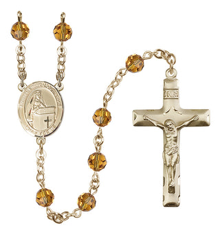 14 Karat Gold 6mm Austrian Crystal Blessed Emilee Doultremont Rosary in Topaz