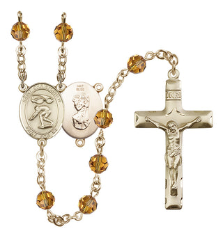 14 Karat Gold 6mm Austrian Crystal Saint Christopher/Swimming Rosary in Topaz