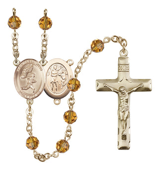14 Karat Gold 6mm Austrian Crystal Saint Sebastian /Track&Field-Men Rosary in Topaz