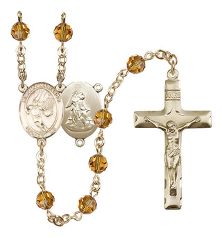 14 Karat Gold 6mm Austrian Crystal Guardian Angel/Basketball Rosary in Topaz