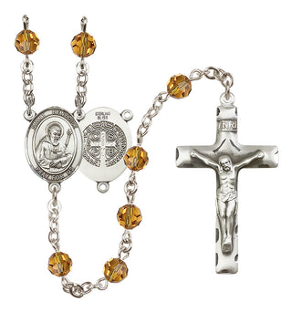 Sterling Silver 6mm Austrian Crystal Saint Benedict Rosary in Topaz