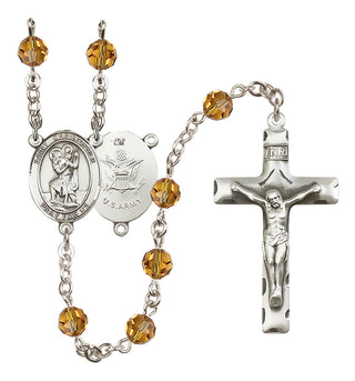 Sterling Silver 6mm Austrian Crystal Saint Christopher / Army Rosary in Topaz