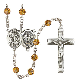 Sterling Silver 6mm Austrian Crystal Saint Michael the Archangel/Policeman Rosary in Topaz
