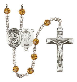 Sterling Silver 6mm Austrian Crystal Saint Michael / Nat'l Guard Rosary in Topaz