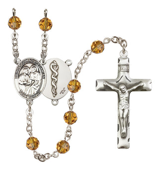 Sterling Silver 6mm Austrian Crystal Saints Cosmas & Damian / Doctors Rosary in Topaz