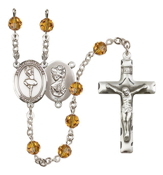 Sterling Silver 6mm Austrian Crystal Saint Christopher/Dance Rosary in Topaz