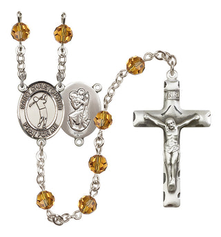 Sterling Silver 6mm Austrian Crystal Saint Christopher/Golf Rosary in Topaz
