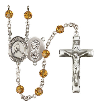 Sterling Silver 6mm Austrian Crystal Saint Christopher/Ice Hockey Rosary in Topaz