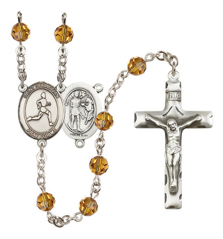 Sterling Silver 6mm Austrian Crystal Saint Sebastian/Track & Field Rosary in Topaz