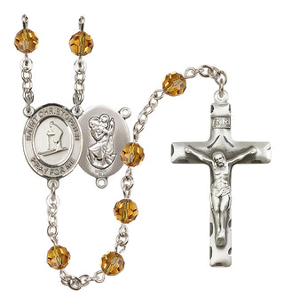 Sterling Silver 6mm Austrian Crystal Saint Christopher / Skiing Rosary in Topaz