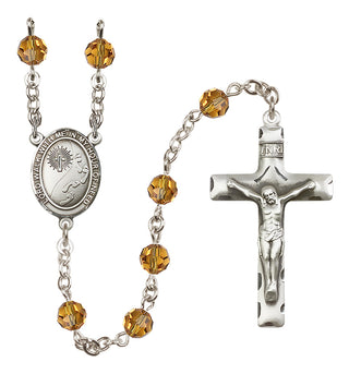Sterling Silver 6mm Austrian Crystal Footprints / Cross Rosary in Topaz
