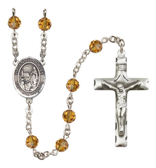 Sterling Silver 6mm Austrian Crystal Virgen del Lourdes Rosary in Topaz