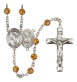 Sterling Silver 6mm Austrian Crystal Saint Christopher/Track&Field-Women Rosary in Topaz