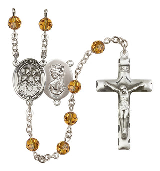 Sterling Silver 6mm Austrian Crystal Saint Christopher / Choir Rosary in Topaz