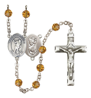 Sterling Silver 6mm Austrian Crystal Saint Christopher/Lacrosse Rosary in Topaz