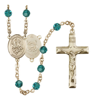 14 Karat Gold 6mm Austrian Crystal Saint George / Coast Guard Rosary in Zircon