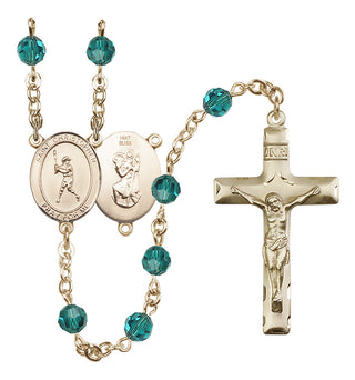 14 Karat Gold 6mm Austrian Crystal Saint Christopher/Baseball Rosary in Zircon
