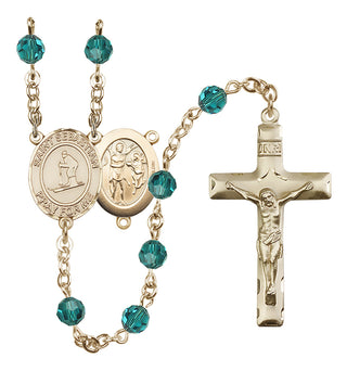 14 Karat Gold 6mm Austrian Crystal Saint Sebastian/Skiing Rosary in Zircon