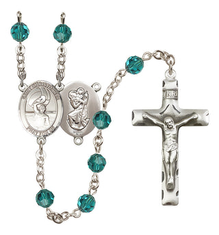 Sterling Silver 6mm Austrian Crystal Saint Christopher/Water Polo Men Rosary in Zircon
