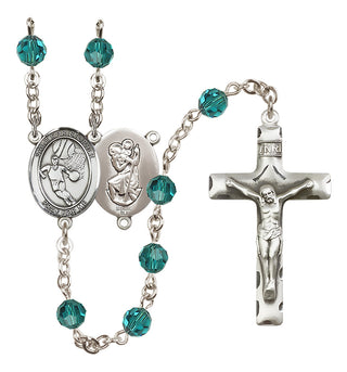 Sterling Silver 6mm Austrian Crystal Saint Christopher/Basketball Rosary in Zircon
