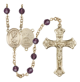 14 Karat Gold-Filled 6mm Austrian Crystal Saint Christopher / Air Force Rosary in Amethyst