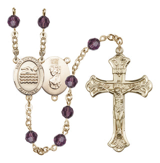14 Karat Gold-Filled 6mm Austrian Crystal Saint Christopher/Swimming Rosary in Amethyst